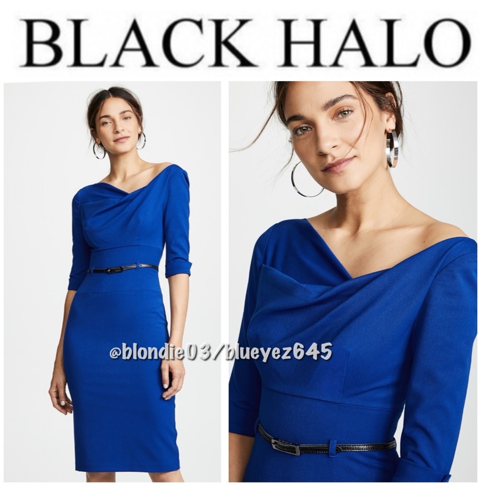 Black Halo iconic 3/4 sleeve cobalt blue Jackie O Belted Dress 10